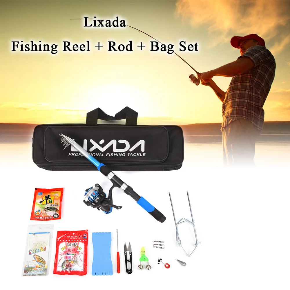 Lixada Fishing Tackle Set with 2.1m Telescopic Fiberglass Fishing Sea Rod Spinning Fishing Reel Fishing Baits Hooks Fishing Bag