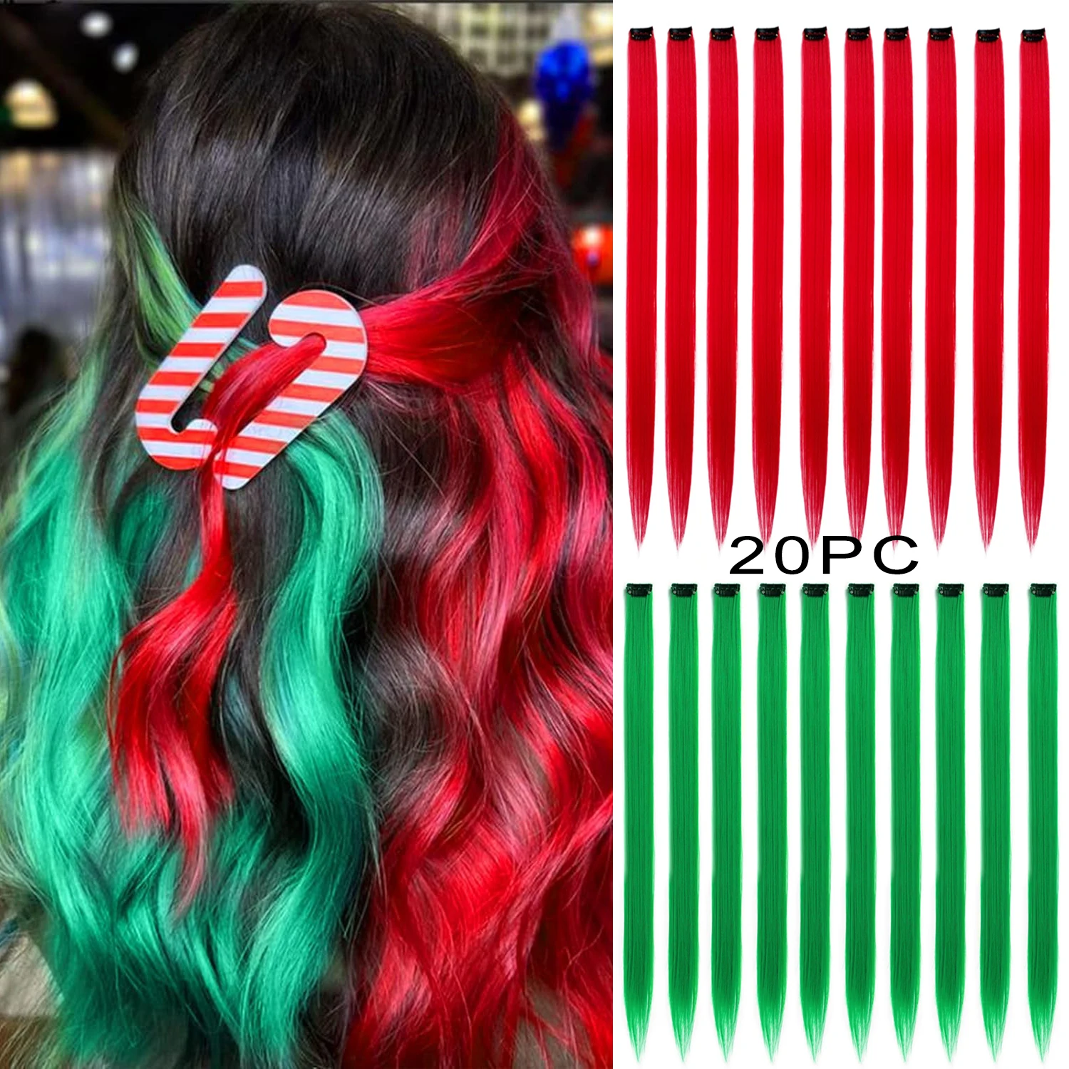 22inch Colored Hair Extensions Clip in Party Highlights Rainbow Hair Extension for Women 20PCS Hairpieces Girls Hair Accessories