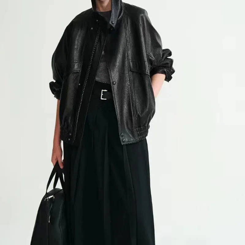 Spring Genuine Leather Jacket Women 2026 Zealand Soaked Imported Leather Stand Collar Medium Length Motorcycle Loose Wide Coat