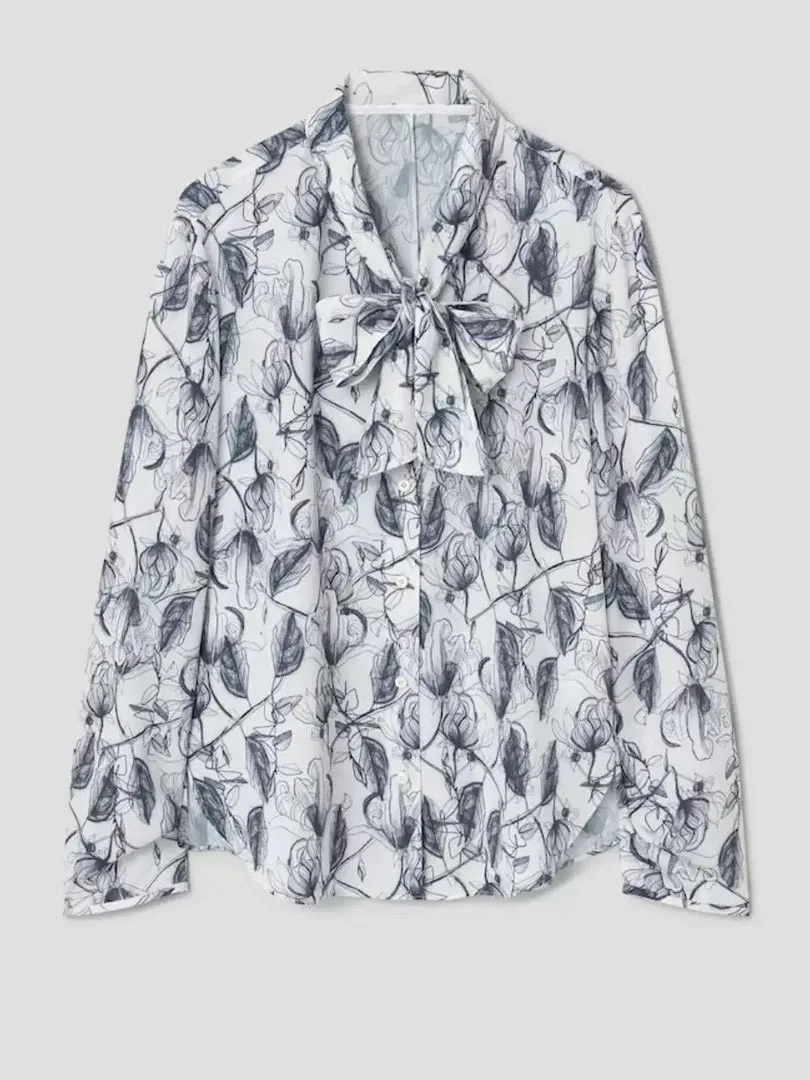 エレガントな V ネック サッシュ シャツ 通勤 多用途 シック ポスター スタイル 長袖 ルーズ フィット 韓国版 薄い素材 プリント