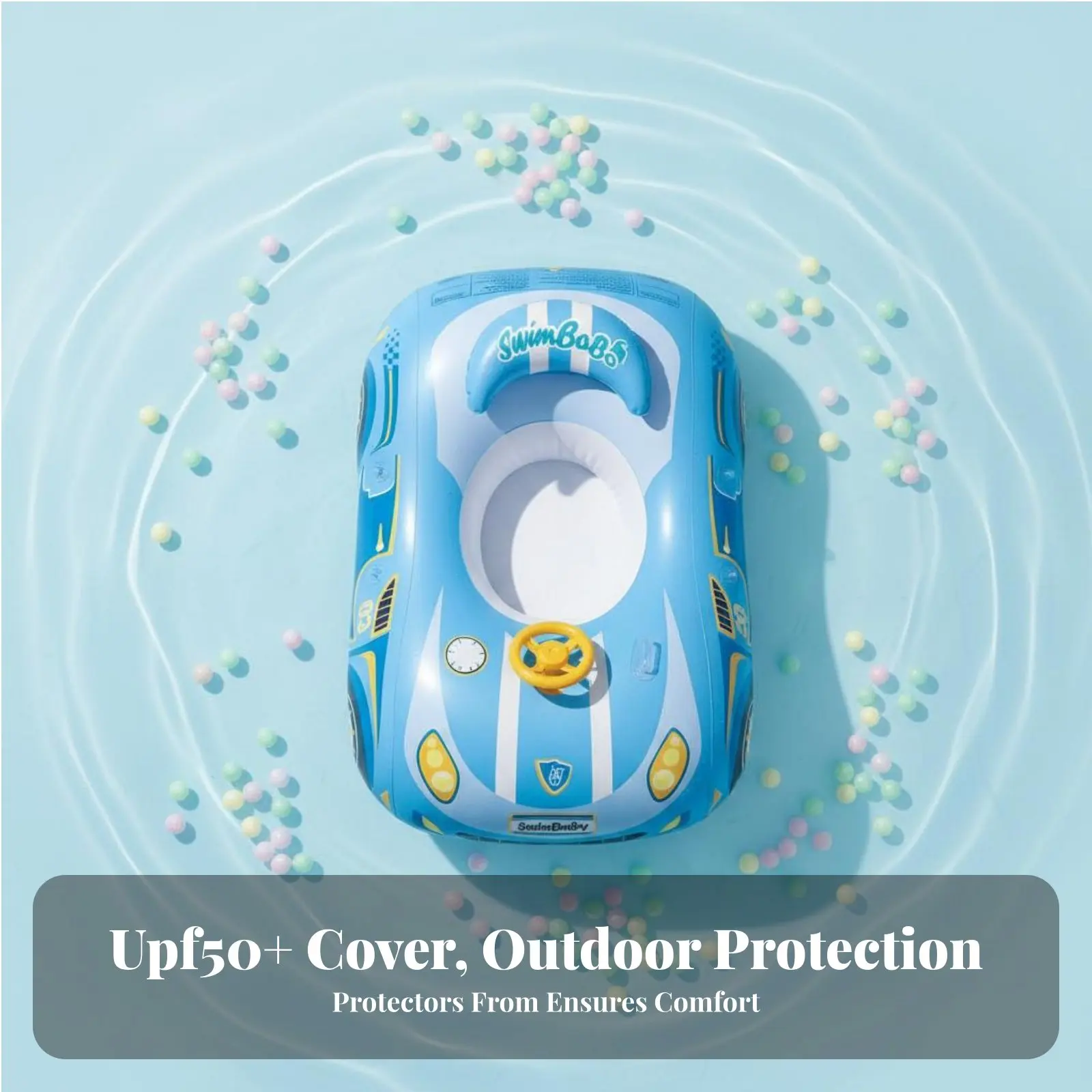 Boia de Natação Infantil, Flutuador Axilar, Assento de Carro com Proteção Solar, Design de Desenho Animado, Brinquedo Aquático Removível para Piscina