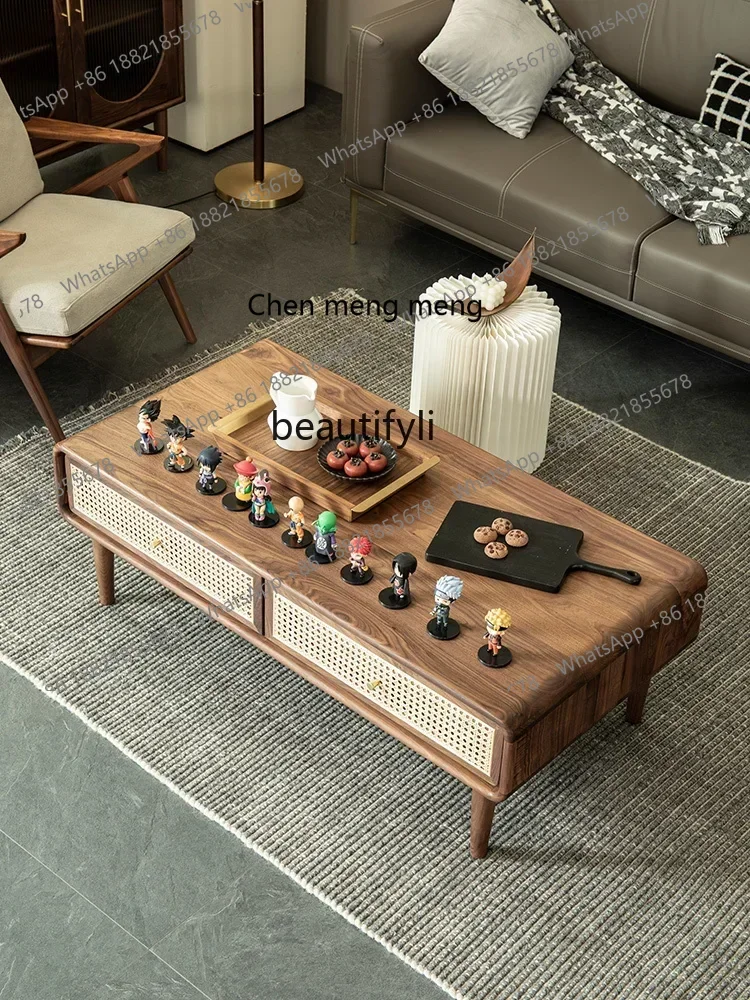 X Nordic Solid Wood Coffee Table Black Walnut Personalized Rattan Small Apartment Simple Modern Sofa Tea Table HomeQ
