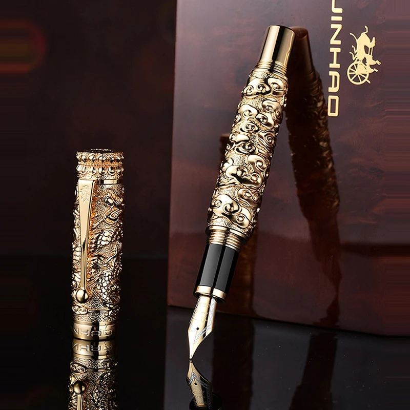 

Jinhao Classic Metal Fountain Pen Dragon Cloud Heavy Big Pen M Nib Gray & Golden Carving Embossing Writing Ink Pen JF005
