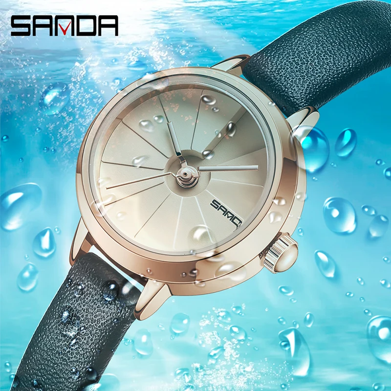 SANDA Women Quartz Watch Rose Gold Ladies Watches Casual Fashion Brown Leather Strap Waterproof Watch Montre femme +Gift Box