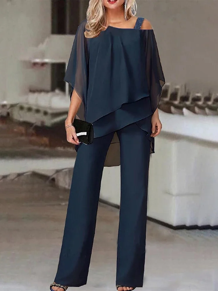 New Matching Collection Fashion Women\'s Bat Sleeve Top Casual Off Shoulder Party Elegant Wide Leg Pants Women\'s Two Piece Set