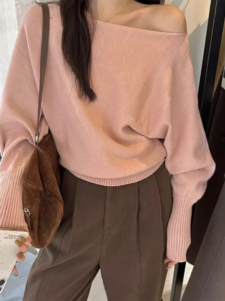 موضة الصلبة قبالة الكتف بلوفر مغزول المرأة عادية قارب الرقبة طويلة الأكمام فضفاضة البلوفرات سيدة الخريف تخفيف الشارع ارتداء