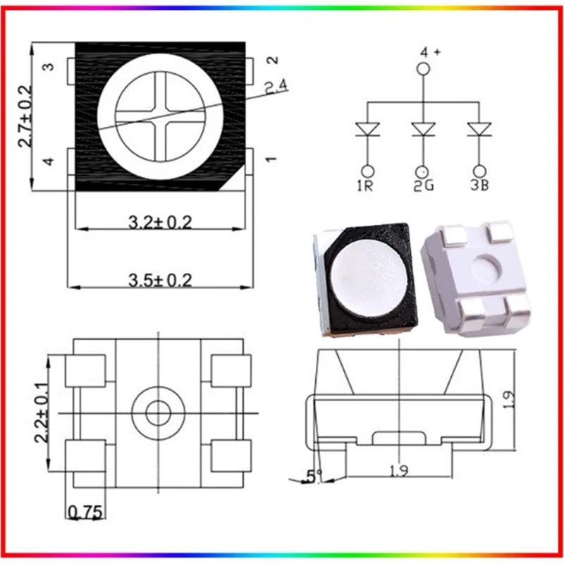 3528 Full Color Foggy Common Anode Black PCB RGB 4-Pin 0.2W Red Blue Green Three-Core High Brightness LED Light Emitting Diode