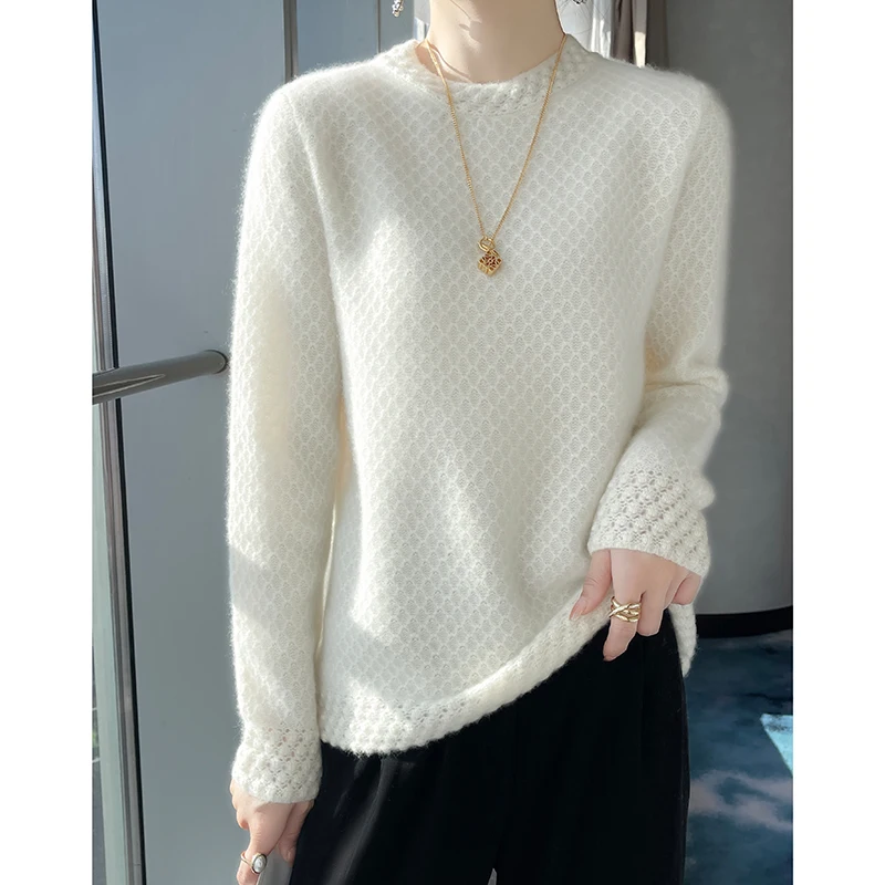 

Autumn/Winter Women's Sweater 100% Pure Australian Wool Pullover 2024 New Half High Neck Knitted Bottom Shirt Waffle Long Sleeve