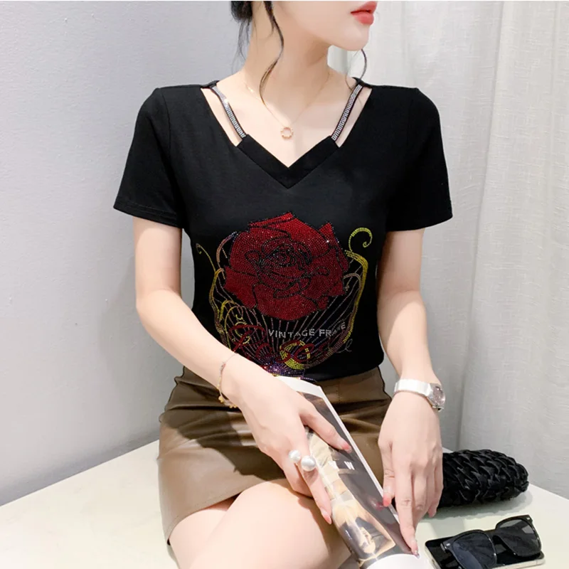 

New 2024 Summer Short Sleeved V-Neck Black Mesh Tops Elegant Slim Hot Drilling Women's T-Shirt Blusas