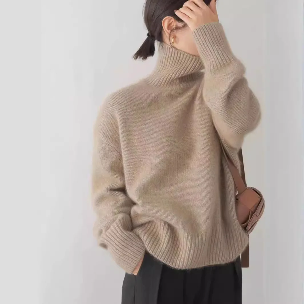 

2025 Autumn And Winter New Thick Cashmere Sweater Women High Neck Pullover Sweater Warm Loose Knitted Base Sweater Jumpers Tops