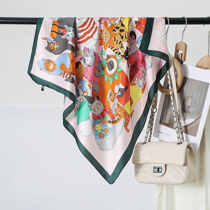 Bufanda de seda cuadrada de marca de lujo para mujer, chal, diademas, pañuelo pequeño y suave con estampado de gato, pañuelo femenino, bufandas Hijab de satén de 70cm