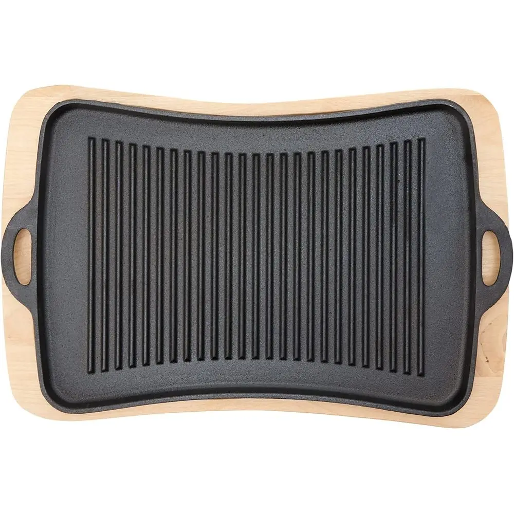 

Cast Iron Skillet with Wooden Trivet, Pre-Seasoned, Ideal for Barbecuing and Camping, Large, Black