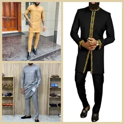 2024new Men's Elegant Tops and Pants Two-piece Set Printed Solid Color Round Neck Short-sleeved Suit Social African Ethnic Style