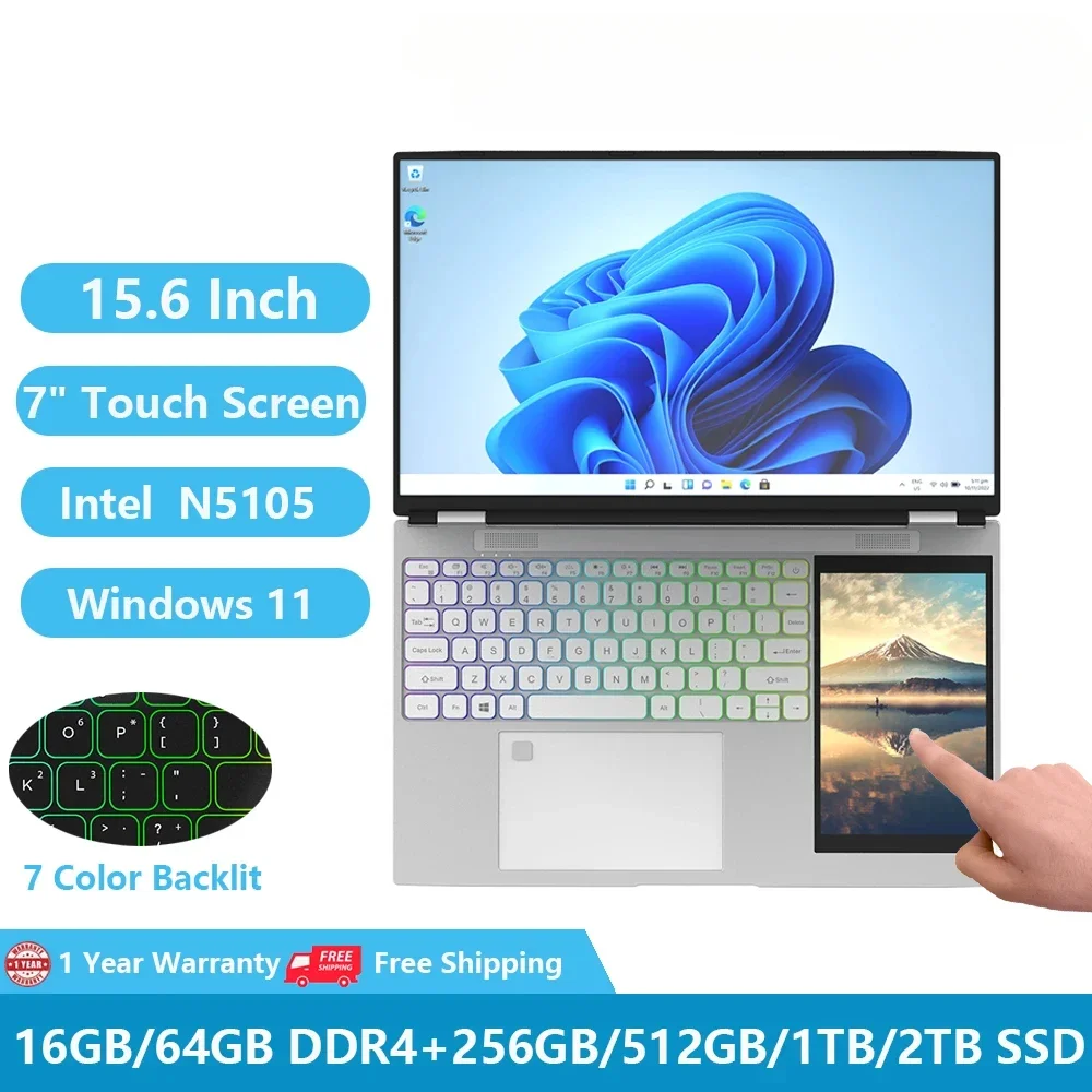 Greatium G56 Dual Screen Touch Laptops Windows 11 Gaming Notebook Pc Smal 15.6Inch + 7Inch Intel N5105 16Gb Ram + 1Tb M.2 5G Wifi