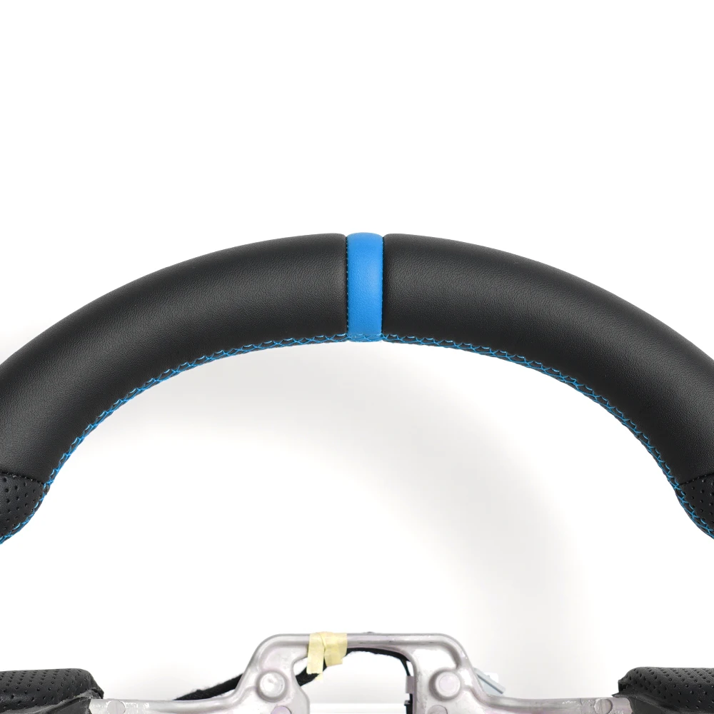 عجلة قيادة جلدية Fot Ford Mustang 2015 2016 2017 عجلة قيادة جلدية ناعمة سوداء مع خط مركزي للخياطة الزرقاء