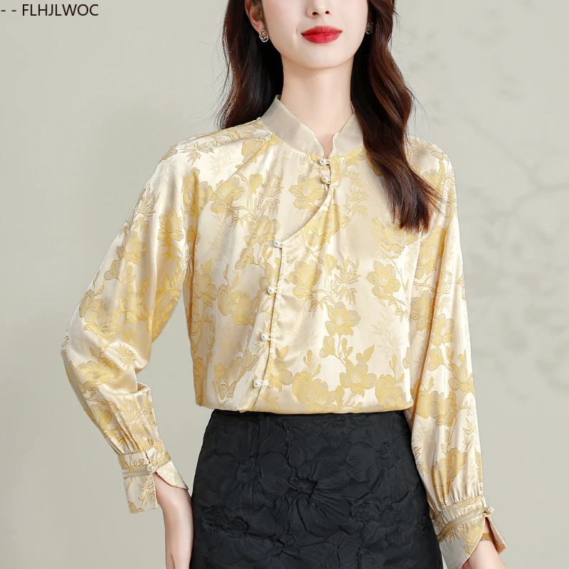 Neue Jahr Chinesischen Stil Shirt Frauen Mode Champagner Floral Gestickte Bluse Elegante Dame Stehkragen Retro Vintage Tops