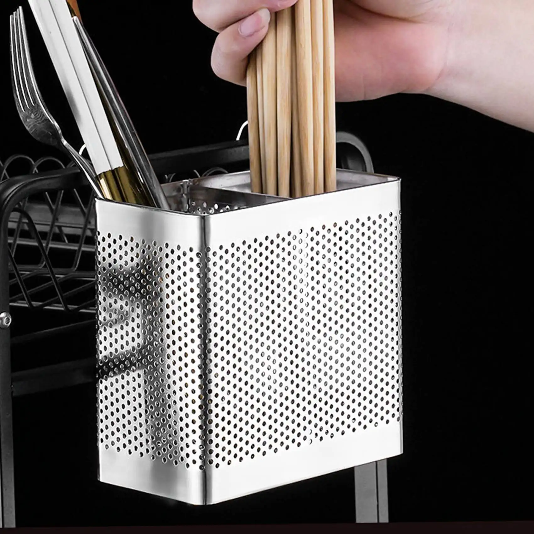 ABAH-Stainless Steel Chopsticks Holder Hanging Cutlery Drying Basket Tableware Drainer With Hooks Kitchen Utensil