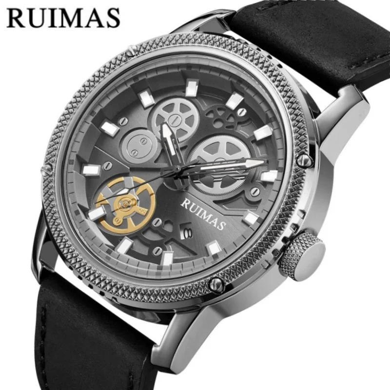 RUIMAS 306 Men\'s Fashion Sports Quartz Watches Mechanical Style Luminous Genuine Leather Waterproof Calendar Business Wristwatch