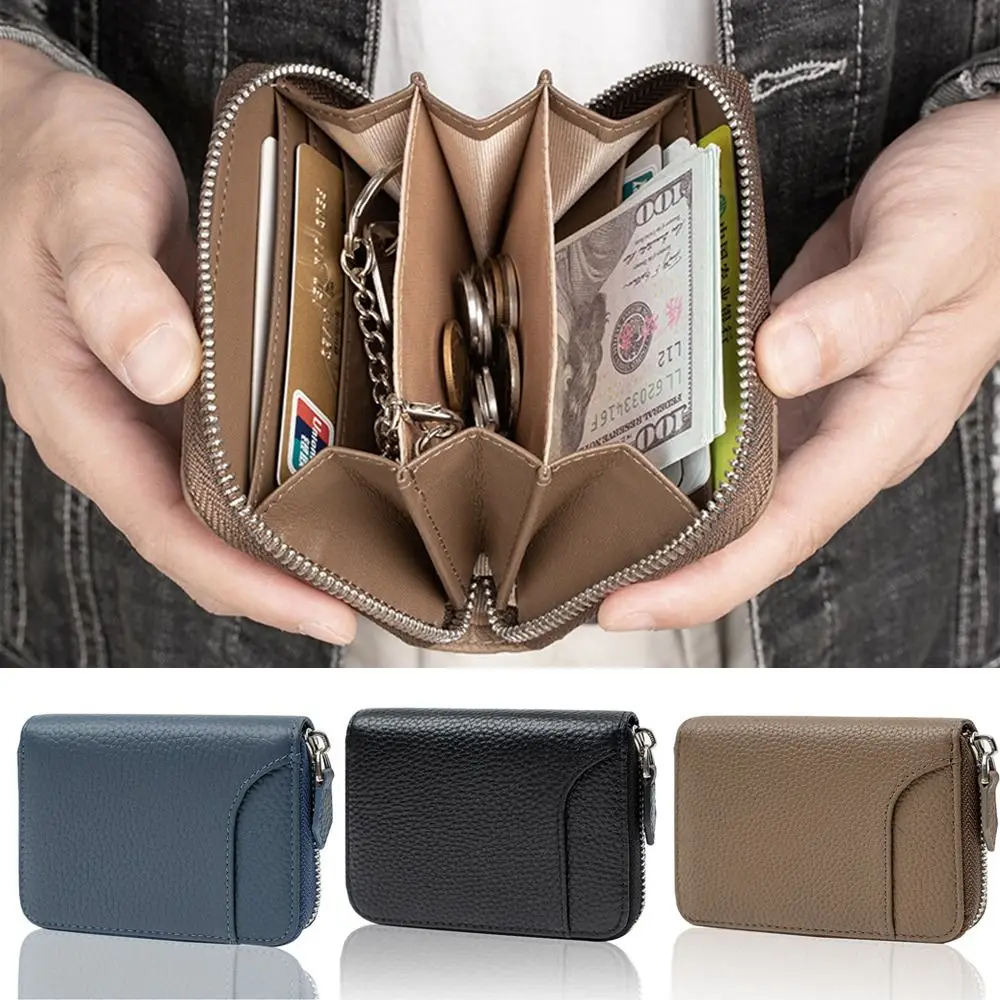

Genuine Leather Men Short Wallet Anti-Theft with Key Ring Portable Coin Bag Large Capacity 3 Folds Mini Zipper Purse Student