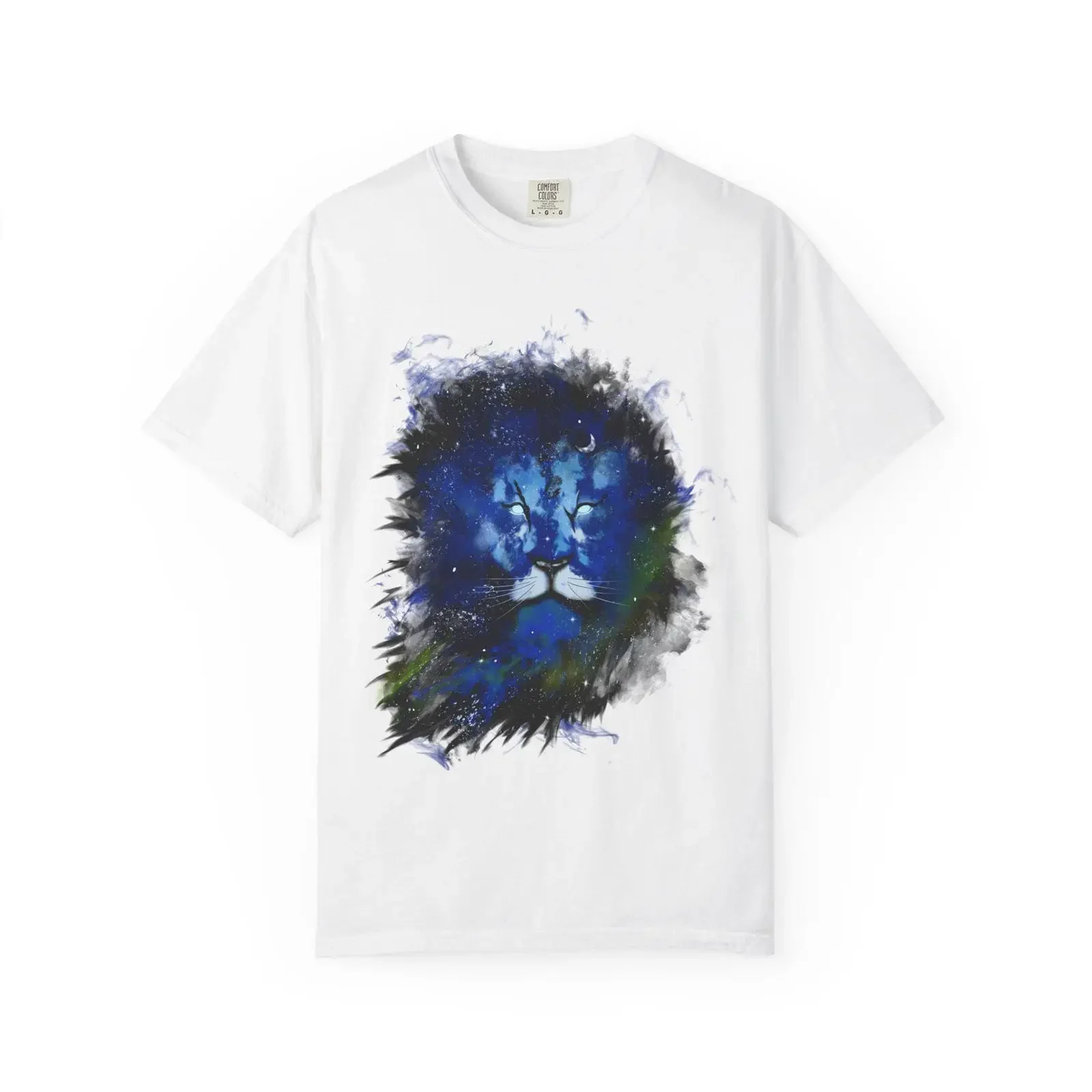 Blue Galaxy Lion T Shirt Abstract Nebula Face Cosmic Animal vintage Washed Stretched Top For Everyday Wear Versatile graphic