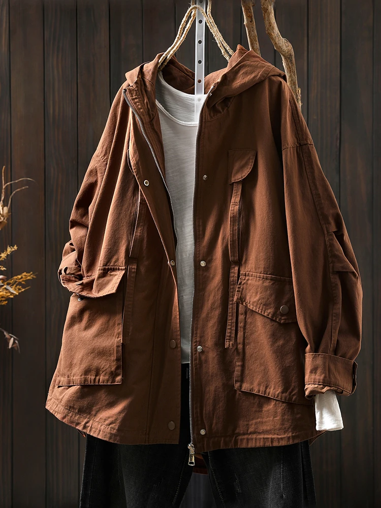 เสื้อโค้ทกันฝนลำลองสำหรับผู้หญิง รุ่นใหม่ล่าสุด ฤดูใบไม้ร่วง 2025 สไตล์วินเทจ สีพื้น กระเป๋าใหญ่ ทรงหลวม ผ้าฝ้าย รุ่น M1896