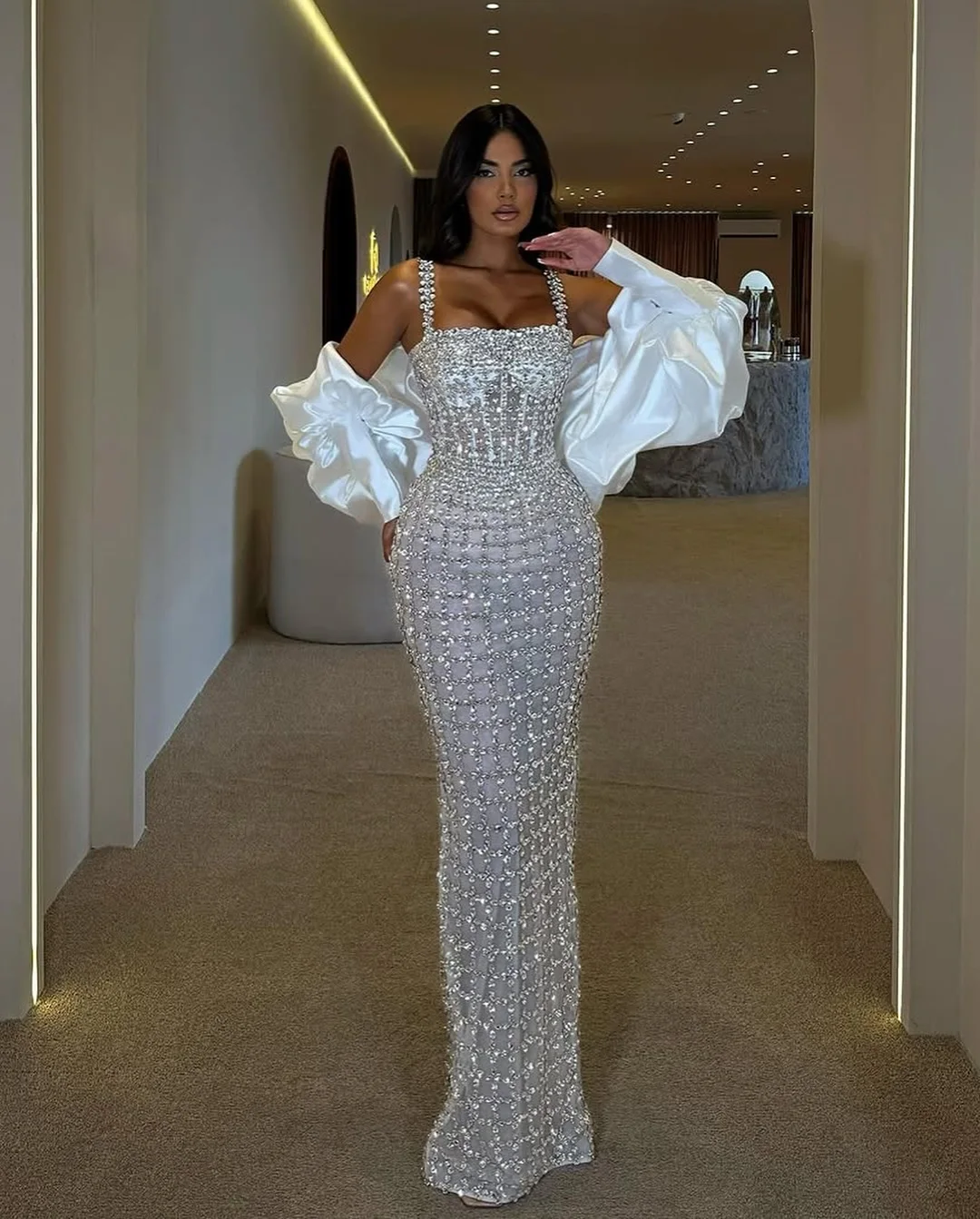 SWEMILE Luxe Diamond Sling Avondjurken Hand-naai Volledige Kristallen Kralen Spaghetti Zeemeermin Prom Dress Aangepaste Jurken