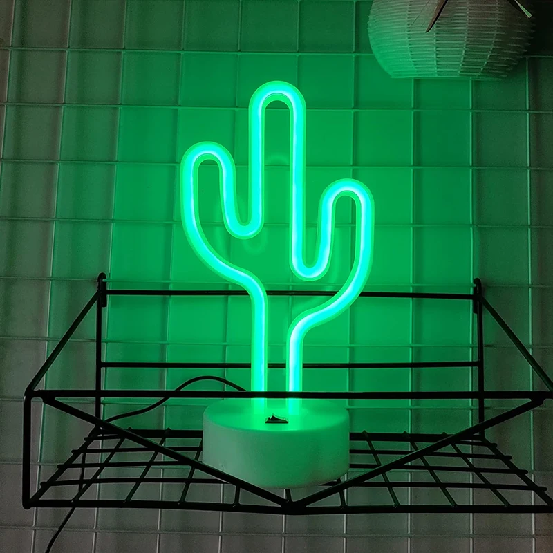 Cute Cactus Neon Sign Lights Battery & USB Powered LED Table Lamp for Party Birthday Gift Living Room Camping Summer Home Decor