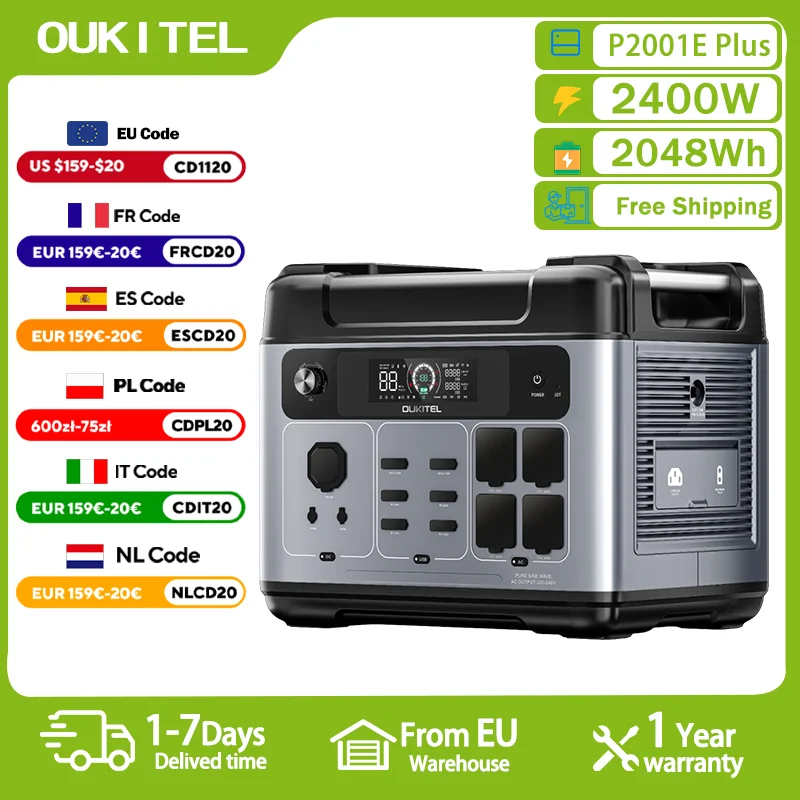 OUKITEL P2001E PLUS محطة طاقة محمولة 2400 واط مولد طاقة شمسية 2048Wh Lifepo4 بطارية احتياطية منزلية للتخييم في الهواء الطلق طاقة متنقلة