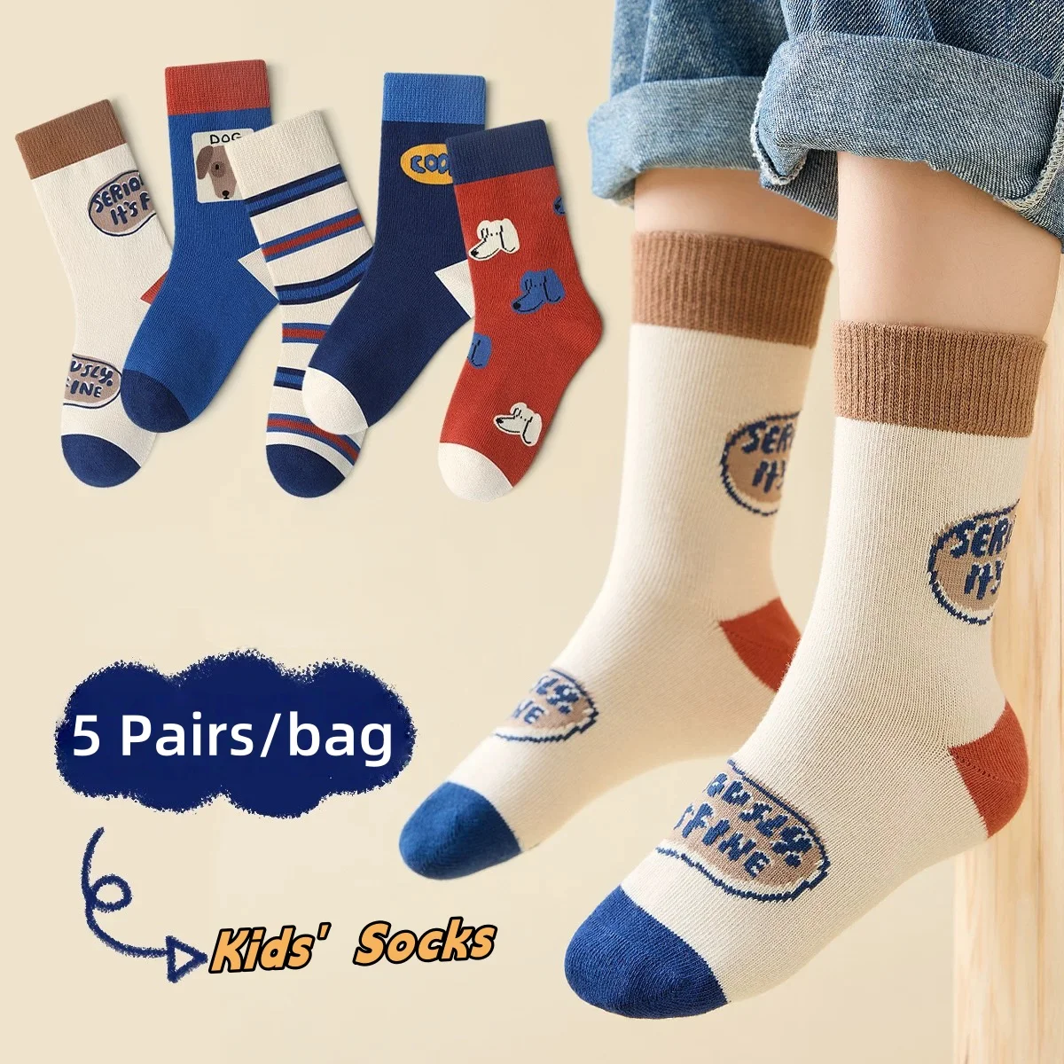 5 Paar Kindersocken, Frühlingssocken für kleine und große Jungen, wadenlange Baumwollsocken, Kindersocken mit Sportmuster