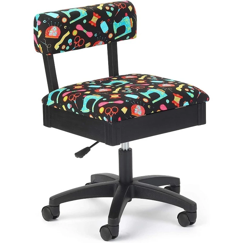 Adjustable Height Hydraulic Sewing and Craft Chair with Under Seat Storage and Printed Fabric, Sewing Notions Print