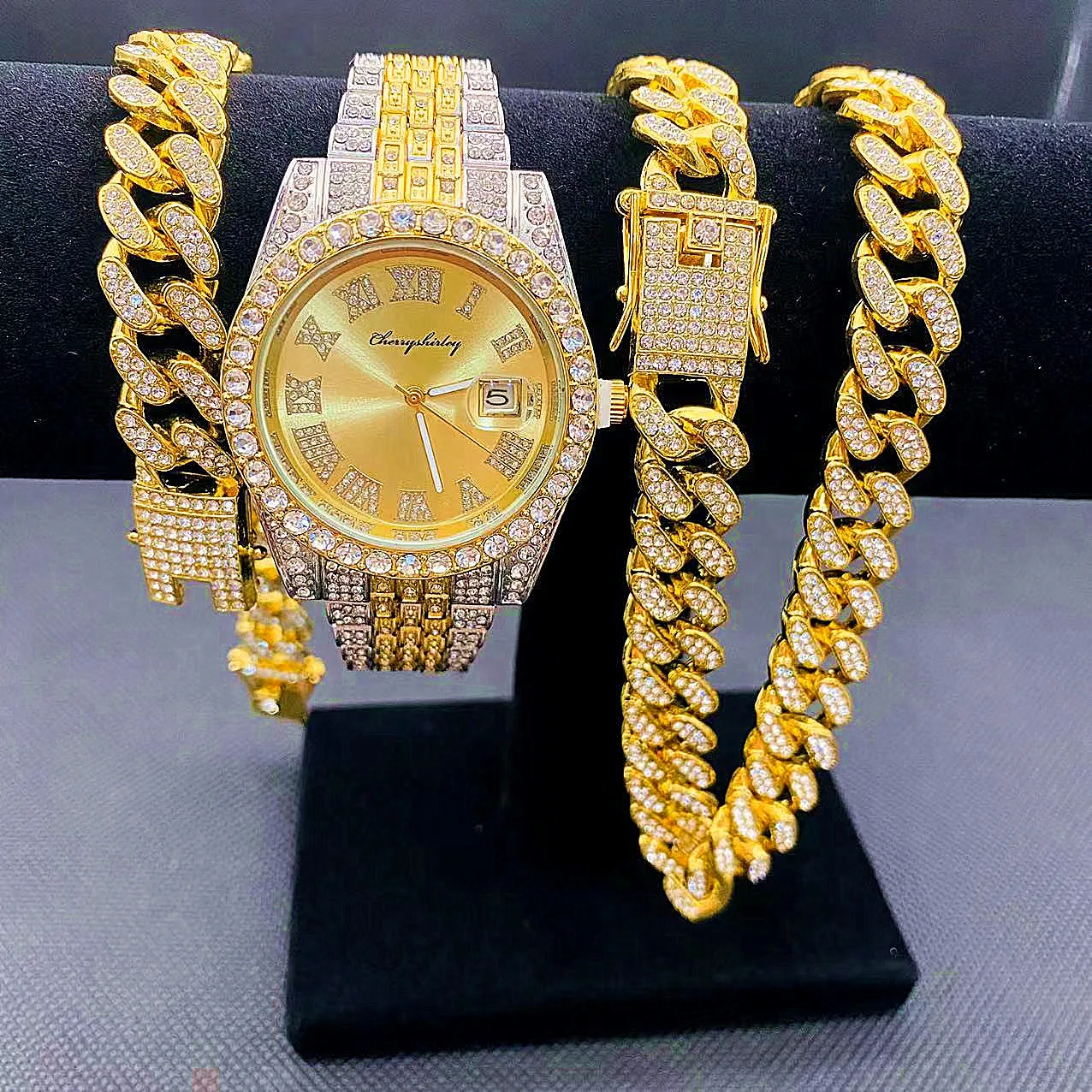 

Full Iced Out Watches Mens Cuban Link Chain Bracelet Necklace Couple Bling Jewelry for Men Big Gold Chains Hip Hop Men Watch Set