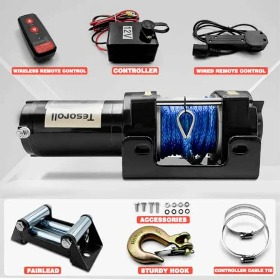 Wciągarka elektryczna ATV/UTV 3500 lbs, 12V DC z bezprzewodowym pilotem, wciągarka elektryczna z linką syntetyczną, wodoodporna wciągarka z płytą montażową.