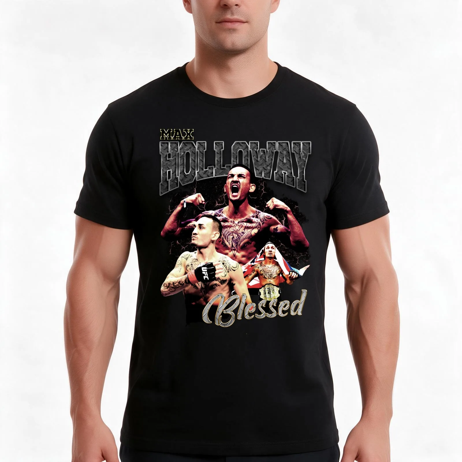 Max Holloway T-Shirt, Summer Casual Cotton Tee, Oversized Streetwear Tops, Vintage Graphic Print, Loose Fit Short Sleeve