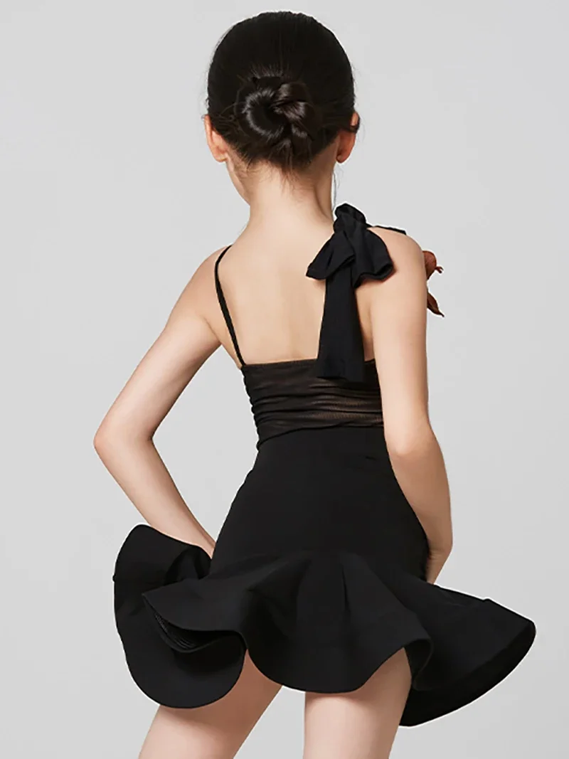 Latin Dance Dress for Girls Kids Sleeveless with Pleated Big Skirt Hem Practice Performance Split Set Ballet Dancewear Costume