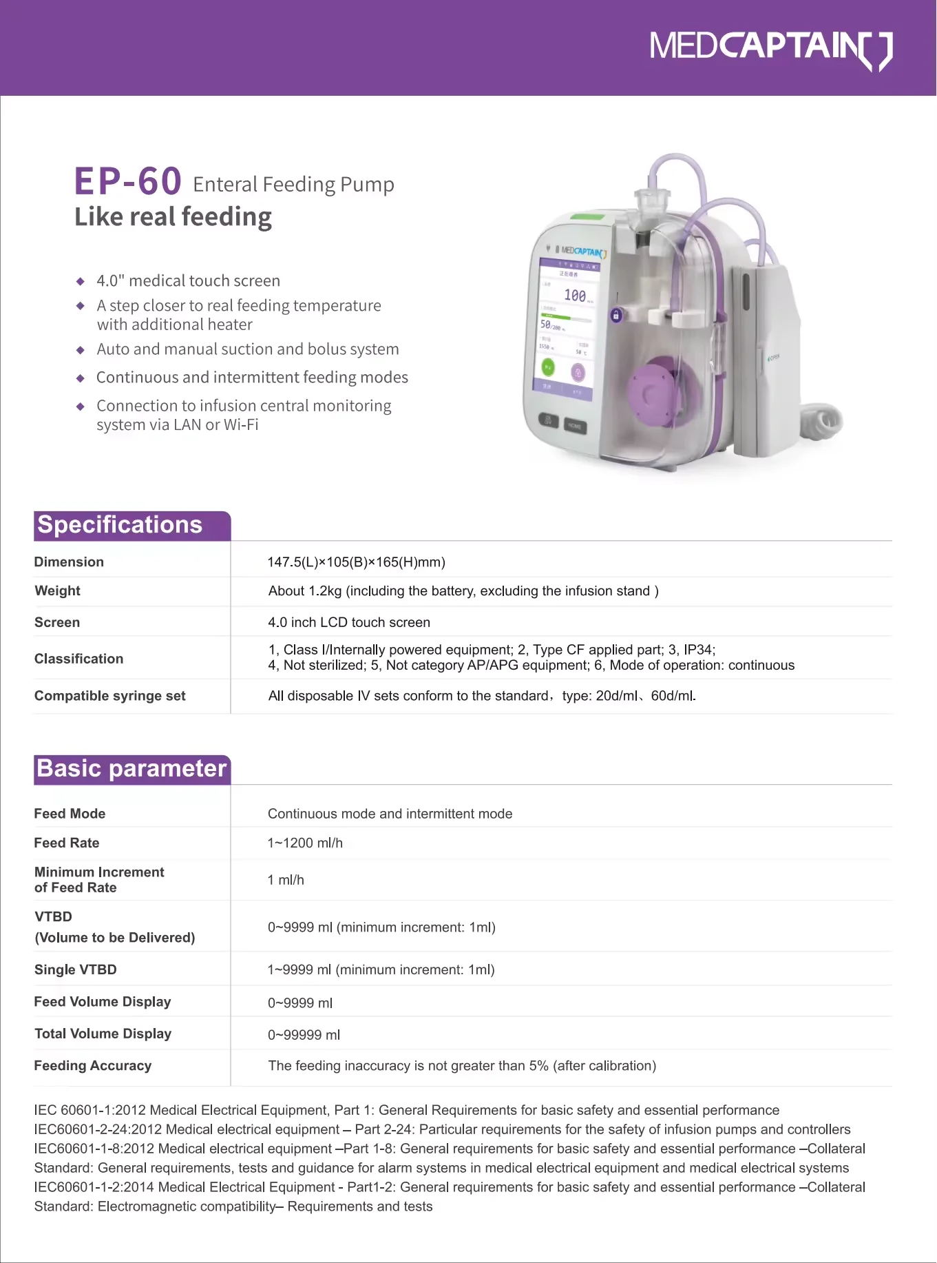 Enteral Feeding Pump EP-60 DEHP-free Latex-free Full Compatiblity With MedCaptain Enteral Nutrition Pump