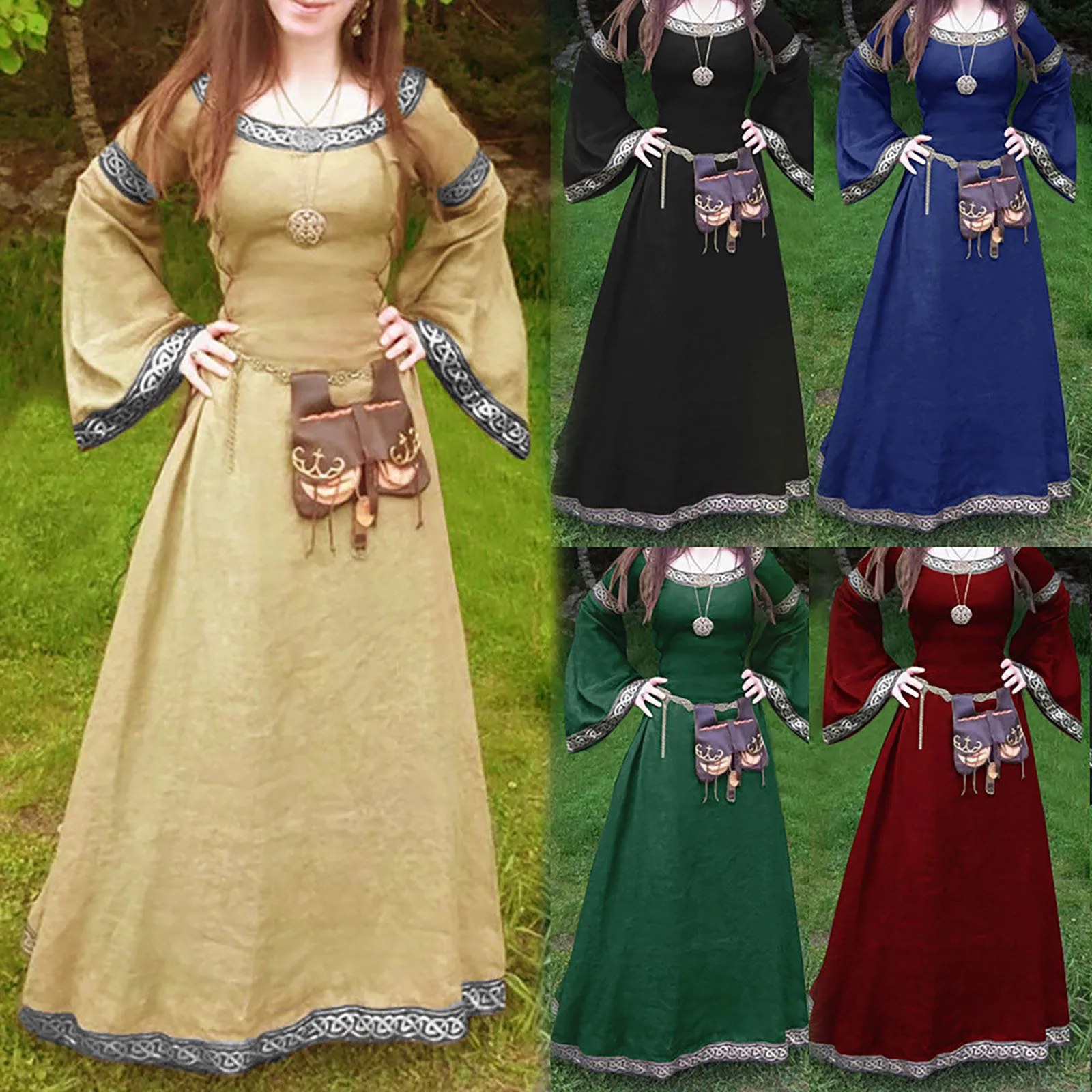 Medieval Gothic Cosplay Costumes For Women Halloween Carnival Party Performance Long Sleeve Middle Ages Renaissance Dresses