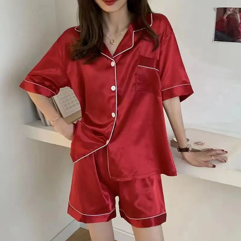 

Pajamas Women Summer Smooth Ice Silk Fabric Large Size Homewear Short Sleeve Set Loungewear Women Pyjamas Women