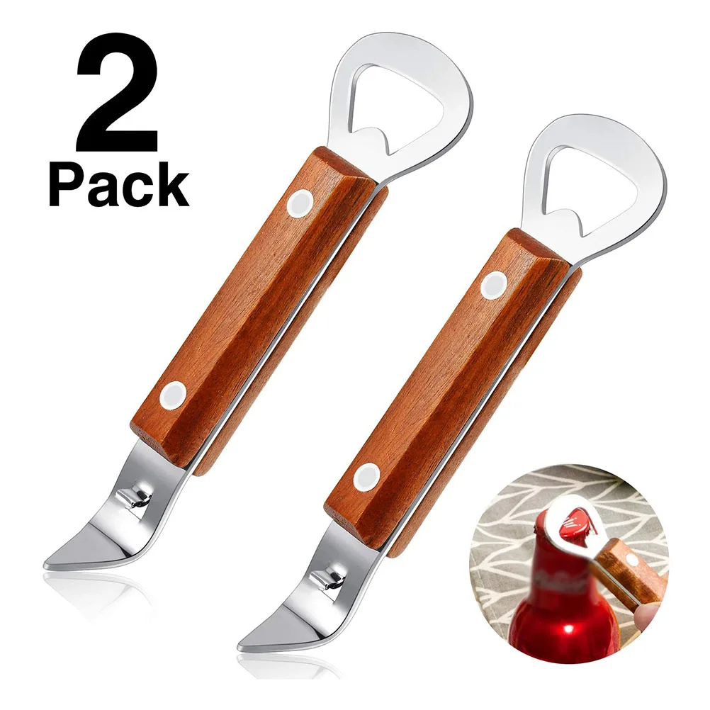 

2 PCS Stainless Steel Can Opener Punch Bottle Beer Opener with Wood Handle