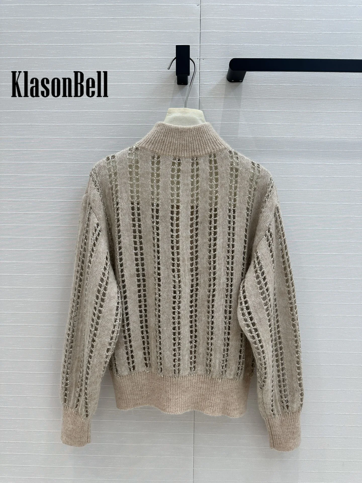 10.9 KlasonBell Women Clothes Sequins Hollow Out Cardigan Double Zipper Stand Collar Wool Mohair Blend Knit Coat