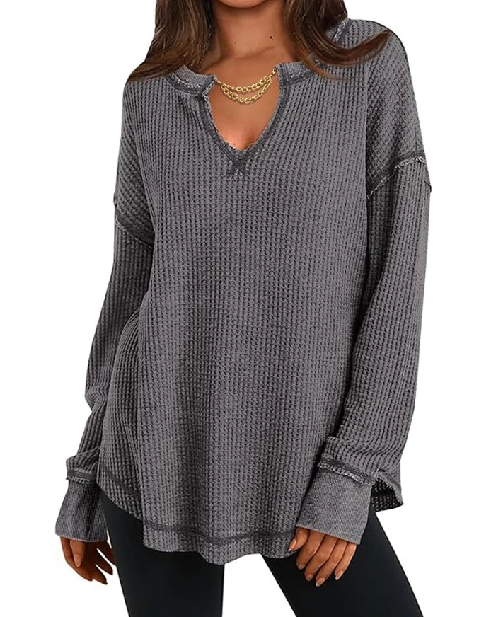 Knitted stand up collar long sleeved top with slit casual pullover