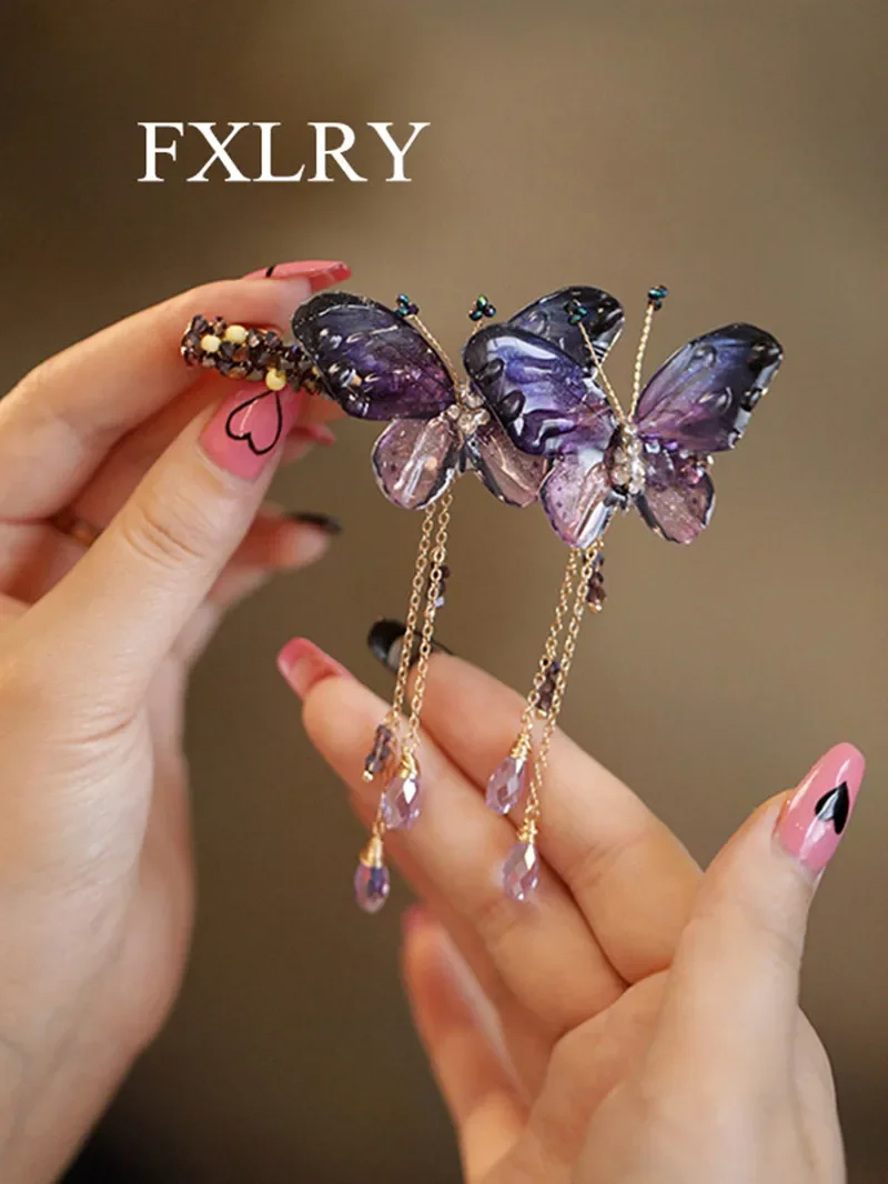 FXLRY Original Design Handmade Natural Butterfly Tassel Hair Clip Spring Clip Spring Clip Hair Accessory