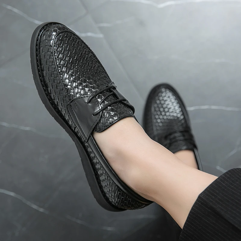 Men Weave Pattern Lace-up Loafers Fashion High Quality Leather Shoes Summer Slip-on Elegant Business Driving Pea Shoes Black