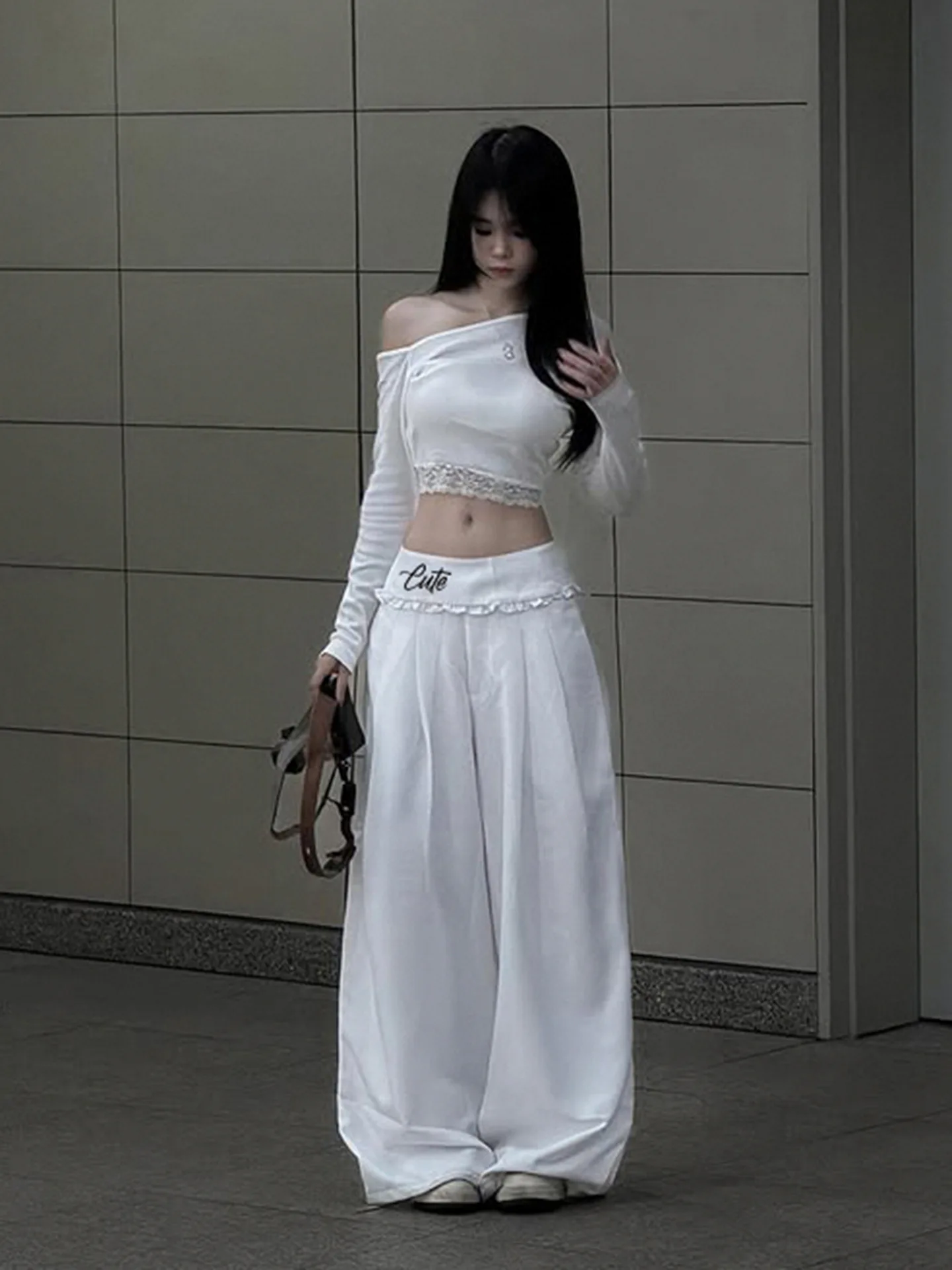 

Spicy Girl Design Lace Waist Embroidered Wide Leg Suit Pants Solid Color Lazy Style Street Trendy Personality Casual Pants