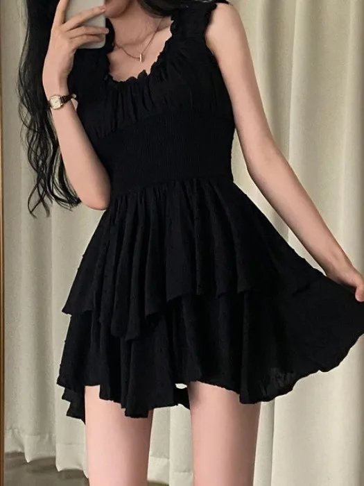 

Summer New Women's Hebe Sle Ruffle Hem Vest Dr Asymmetrical Wooden Folded ort Skirt Svel Other Materials 00%