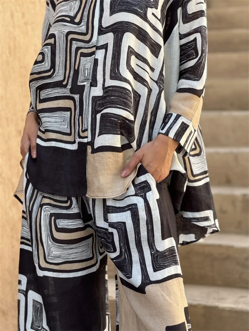 2025 جديد دعوى المرأة 2 قطعة مجموعة أنيقة قميص مطبوع التلبيب بنطال ذو قصة أرجل واسعة مجموعة فضفاضة عصرية عادية القطن الكتان مجموعة