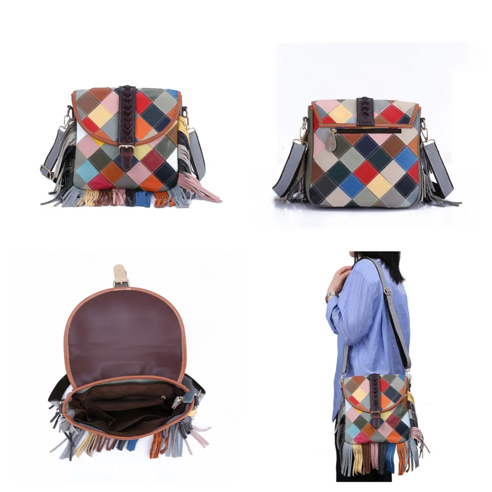 Multicolored Patchwork Sling Bags, Checkered Pattern Ladies Leather Shoulder Bag, Tassels Crossbody Bag for Women