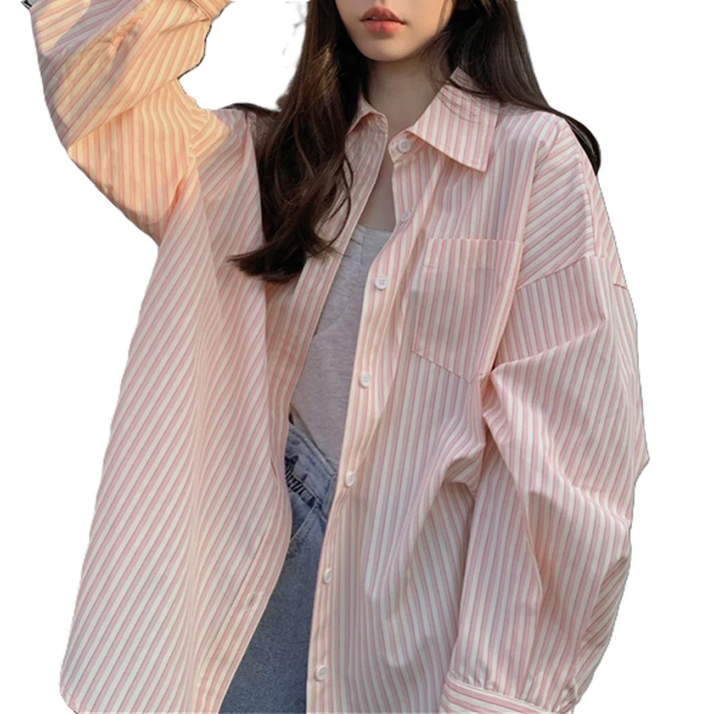For Stripe Oversized Shirt Coat for Women with Classic Turn-Down Collar Polyester Construction for Comfortable Four-Season Wear