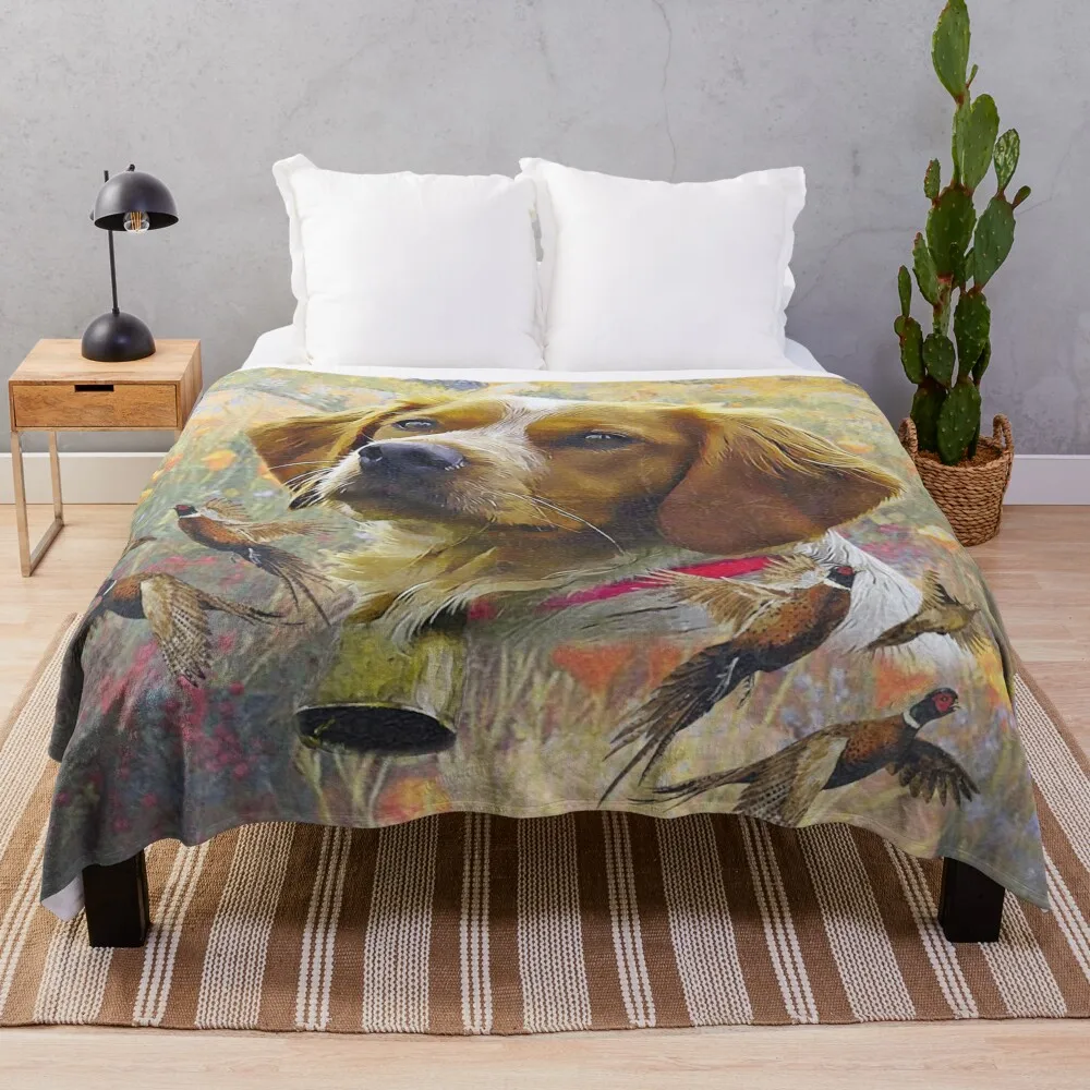 Brittany Spaniel Art , Pheasant hunting Throw Blanket Warm Sofas Blankets