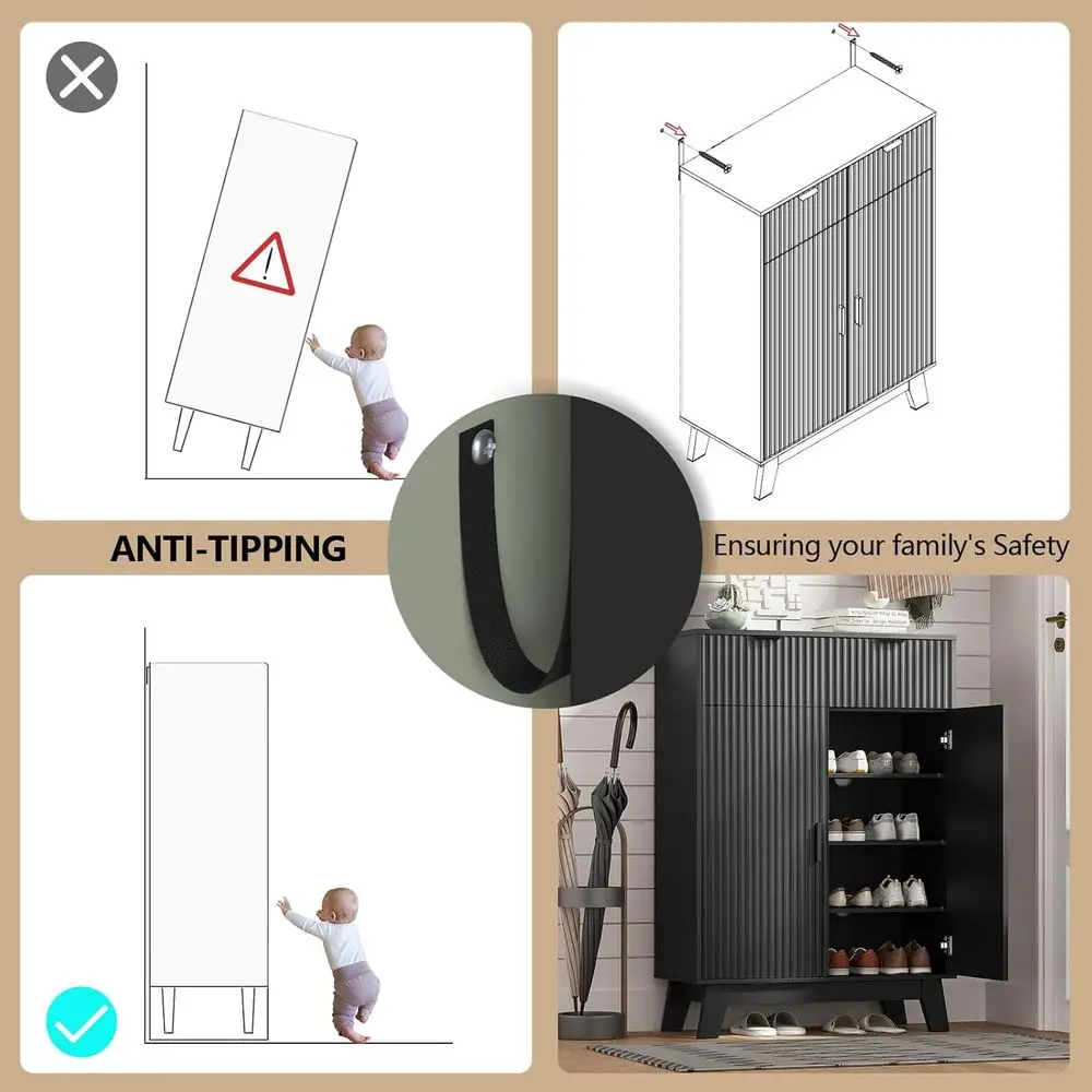 خزانة أحذية مكونة من 4 طبقات موفرة للمساحة مع درجين، ورف تخزين قابل للتعديل، مثالية للمدخل، والممر، باللون الأسود #6