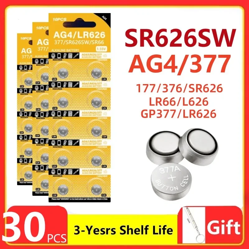 

30PCS AG4 Coin Battery LR626 377 Button Cell Coin Alkaline Battery 1.55V SR626SW 377A LR66 for Watches Toys No Mercury